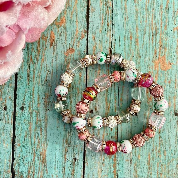 Set of 2 Bead Bracelets, Glass, Acrylic & Crystal, Stretch, Pretty Paste… - Picture 1 of 6